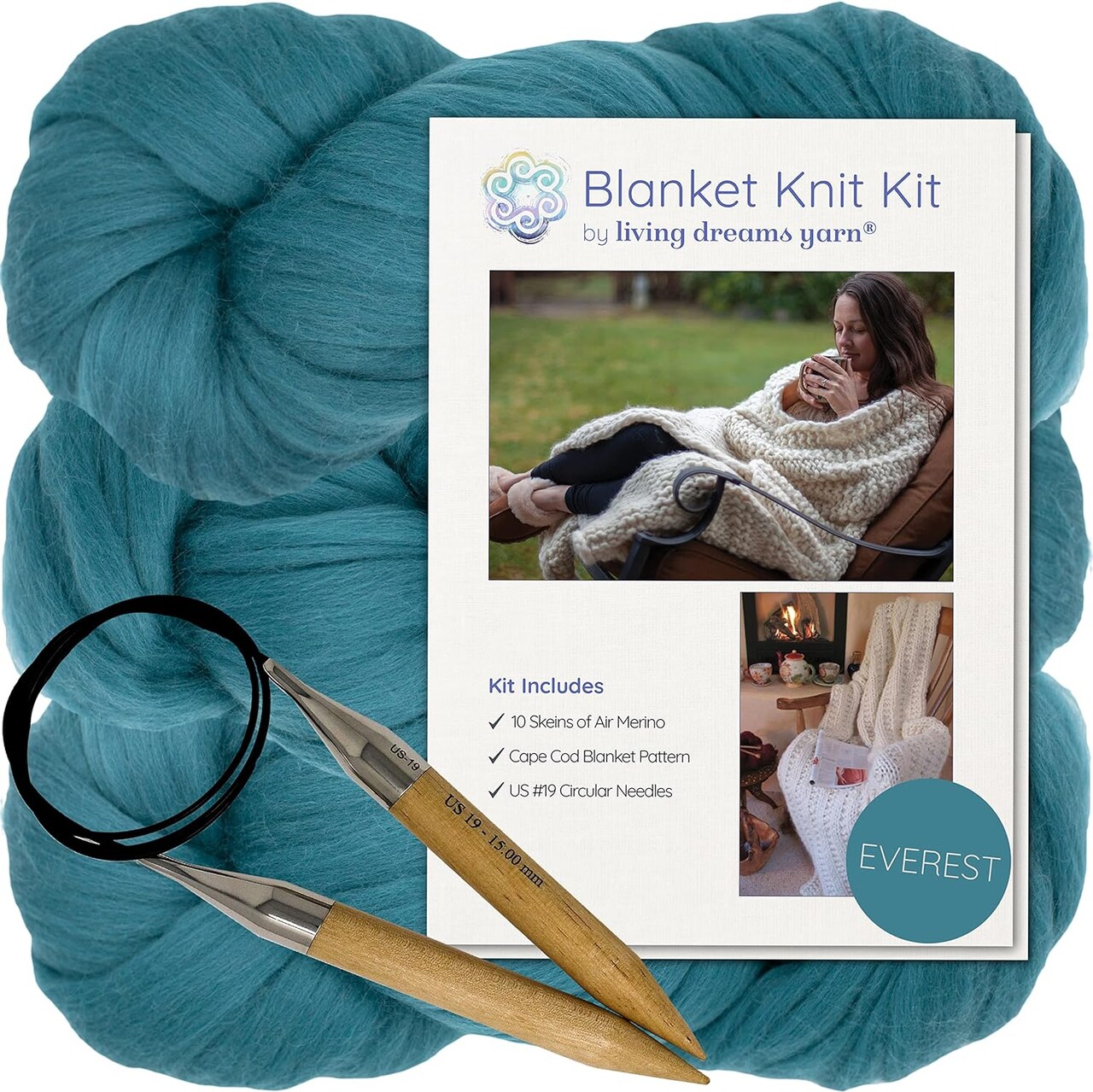 DIY Merino Wool Blanket Knitting Kit: Soft and Thick #7 Weight Jumbo Yarn, Knitting Needles and Pattern. Soft, Cozy, Great for Gifts